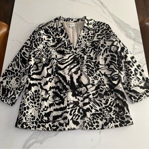 Studio Works Womens Blazer Size Lg Black White Animal Print Linen Blend Button